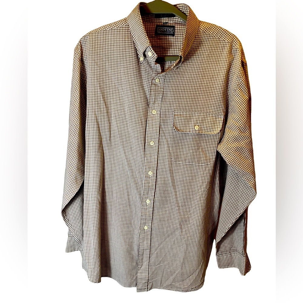 Lands End Vintage Men's Taupe & white Checkered Shirt with front pocket Large